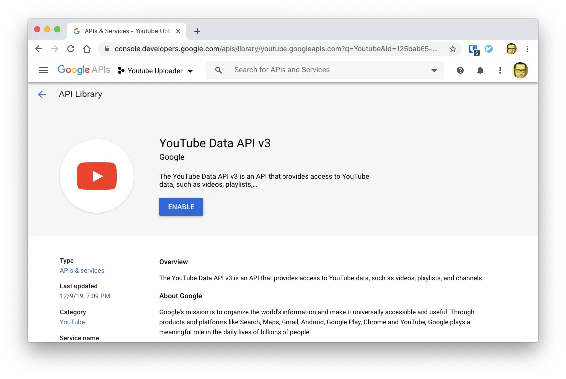 Enable YouTube API