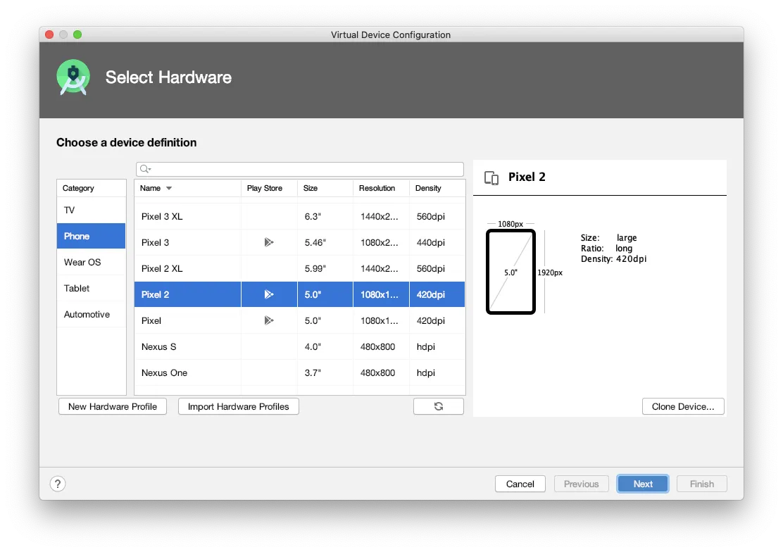 Android Studio AVD select hardware