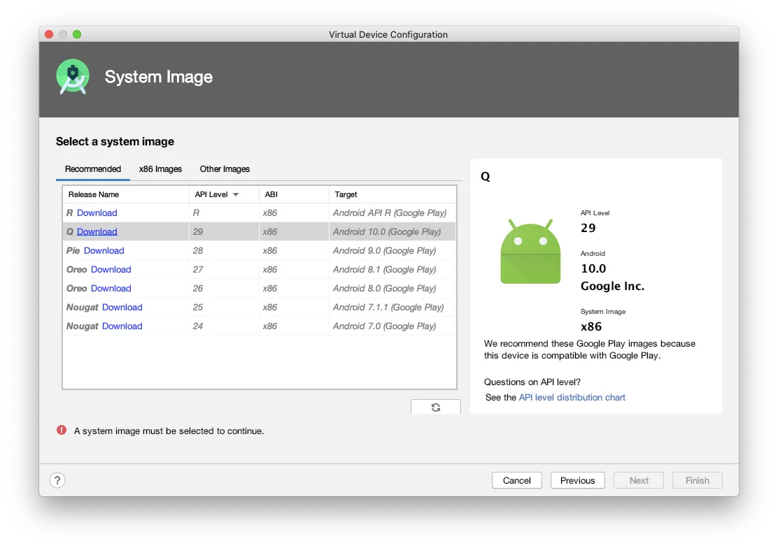 Android Studio AVD select OS