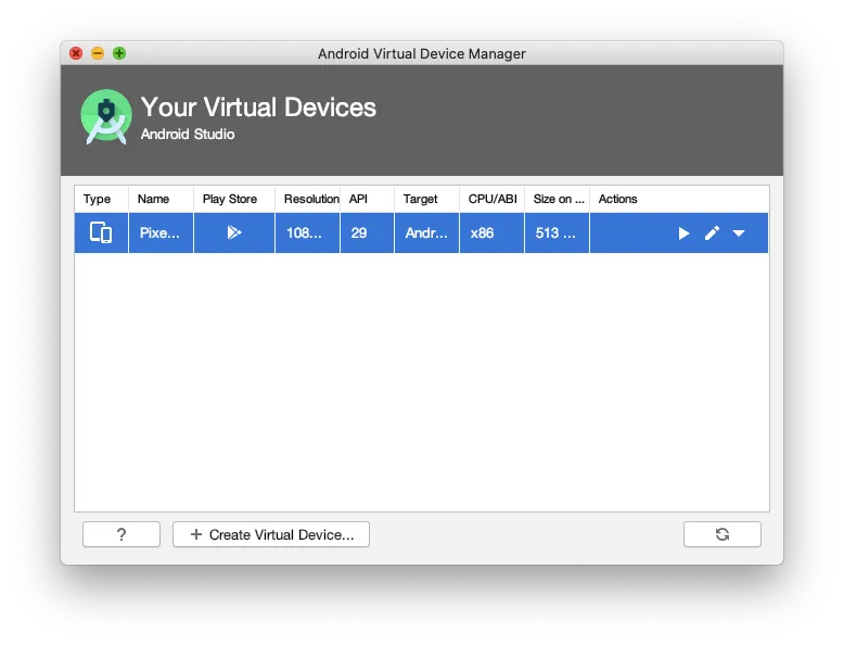 Android Studio AVD list of devices