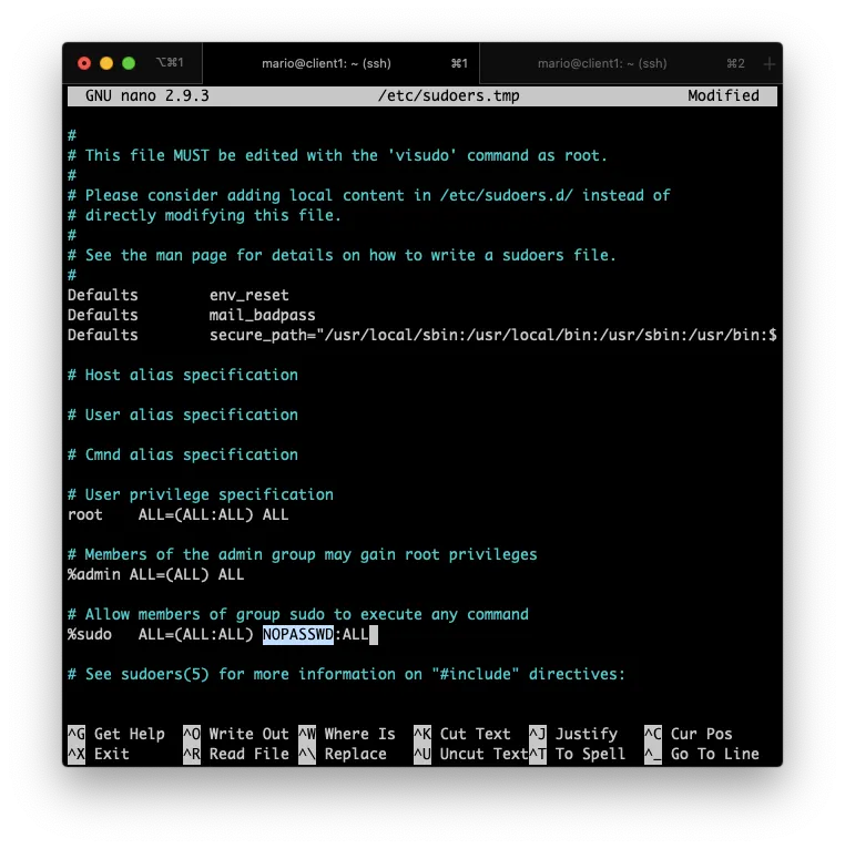 Add NOPASSWD option to the sudo group