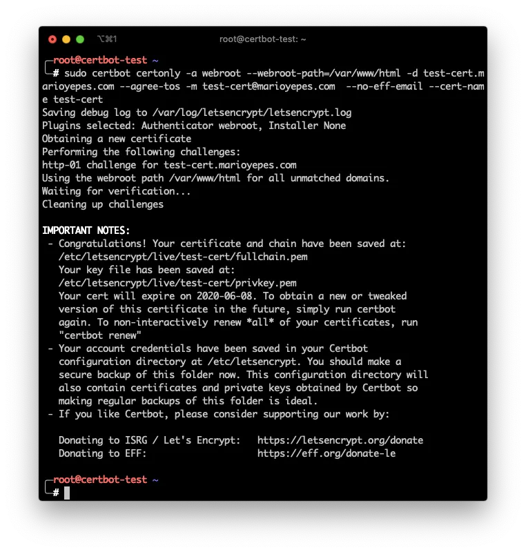 Image of certbot certonly command being executed