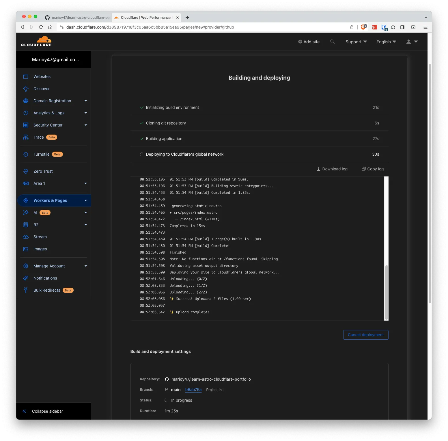 CloudFlare&#x27;s dashboard showing first build results