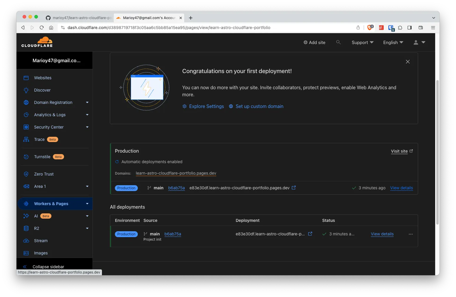 CloudFlare&#x27;s dashboard showing created domain