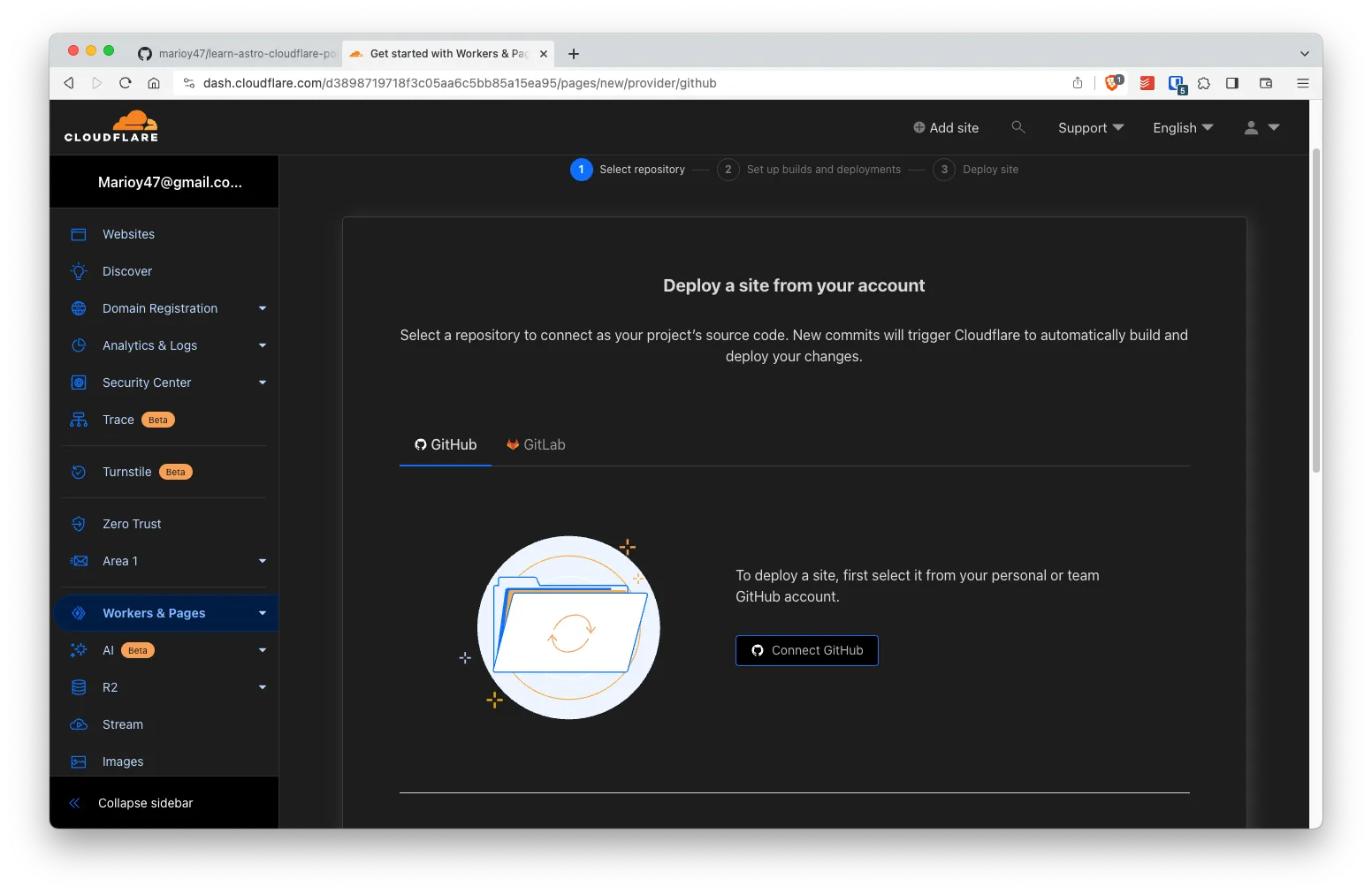 CloudFlare&#x27;s dashboard showing connect to GitHub button