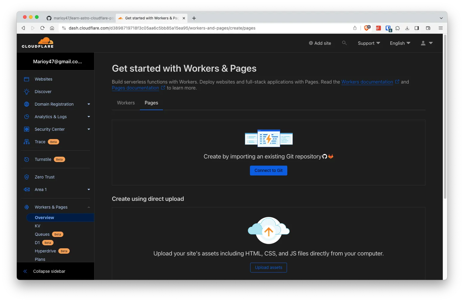 CloudFlare&#x27;s dashboard showing pages &#x26; workers overview