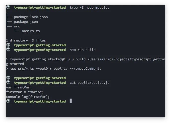 Screenshot of a terminal with the tsc command compiling to js