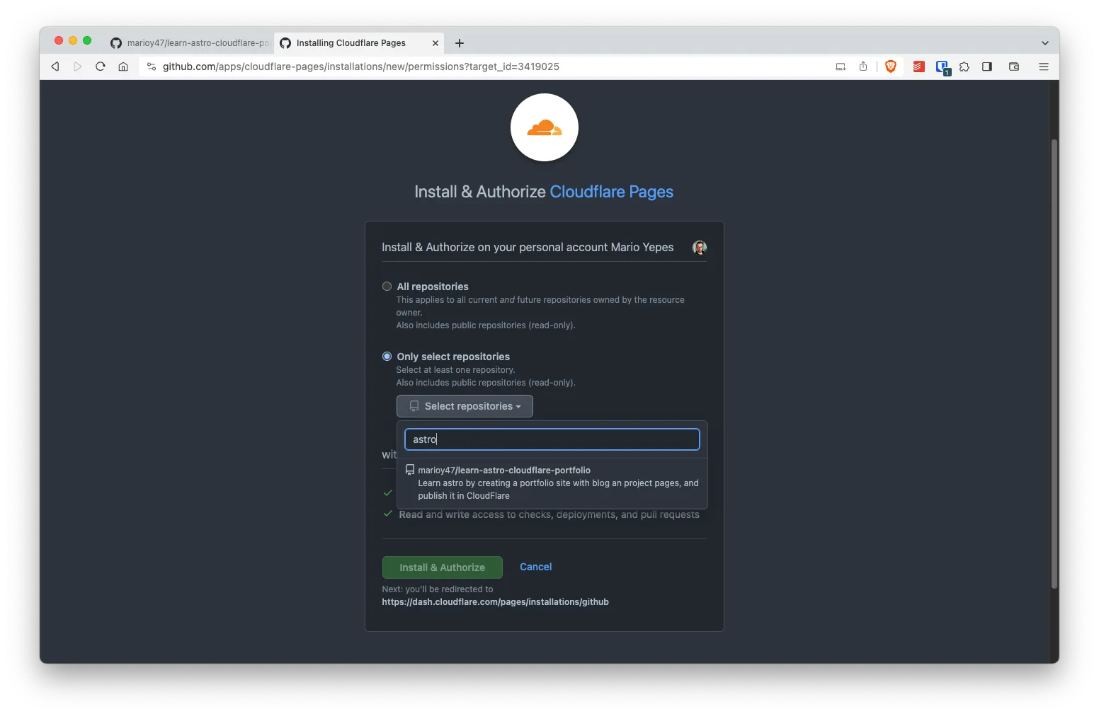 GitHub&#x27;s dashboard authorizing repo to be installed