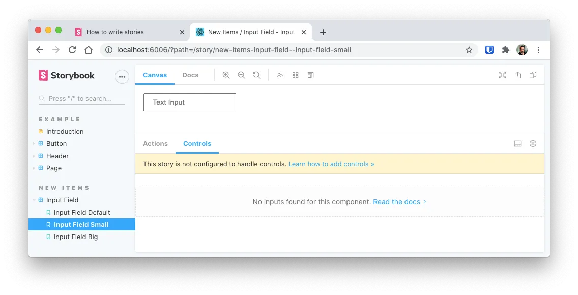 Screenshot for a story of an input field of storybook