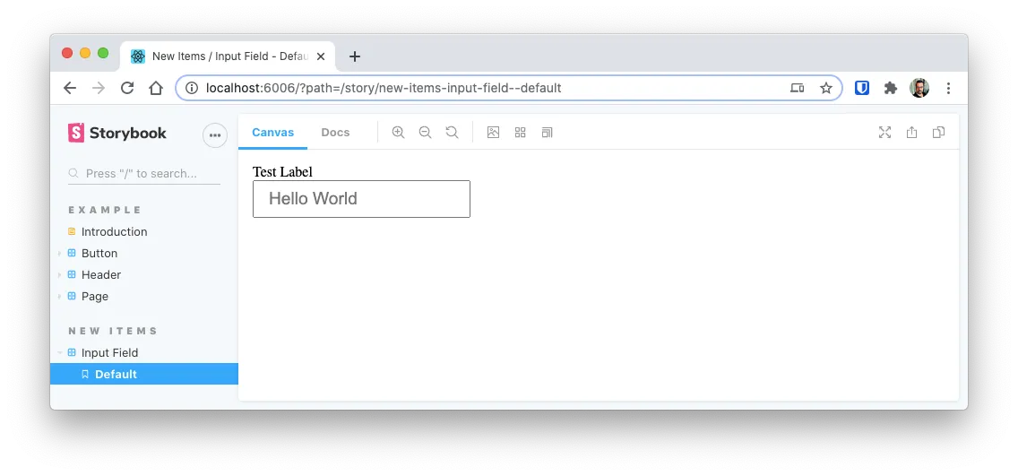 Screenshot of input field in storybook with a decorator