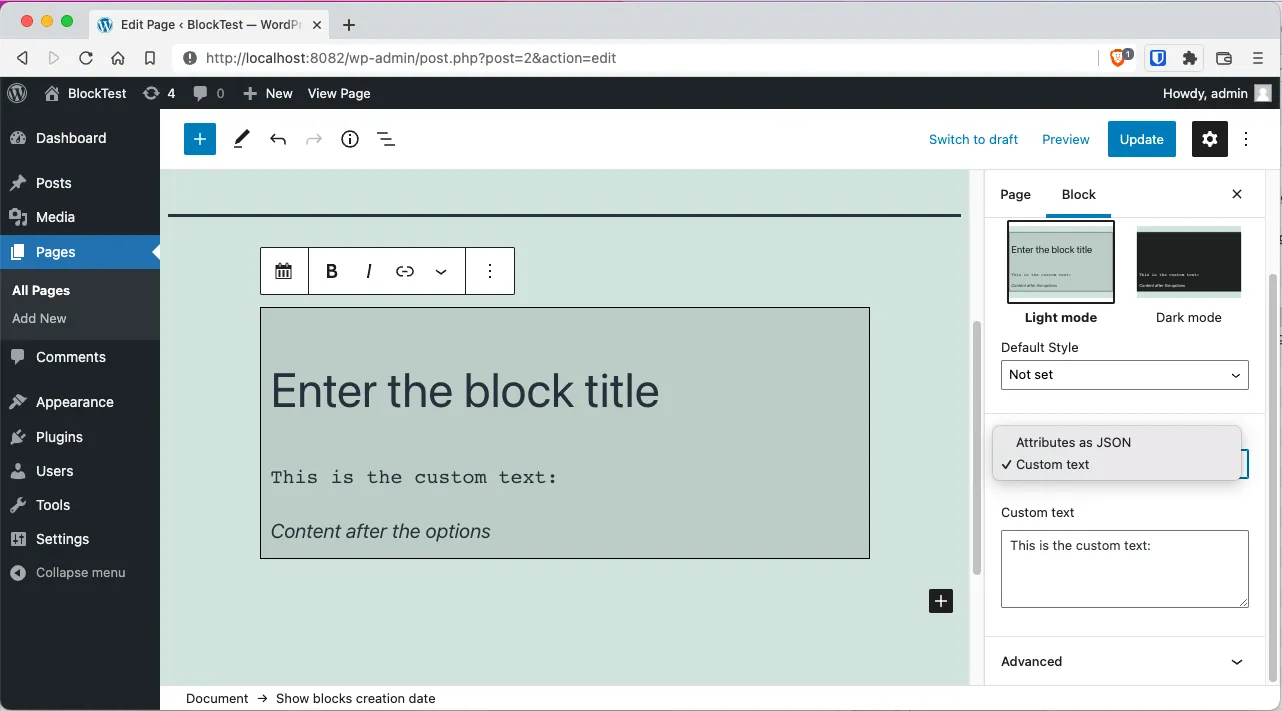 Selecting the content type of the block from the sidebar