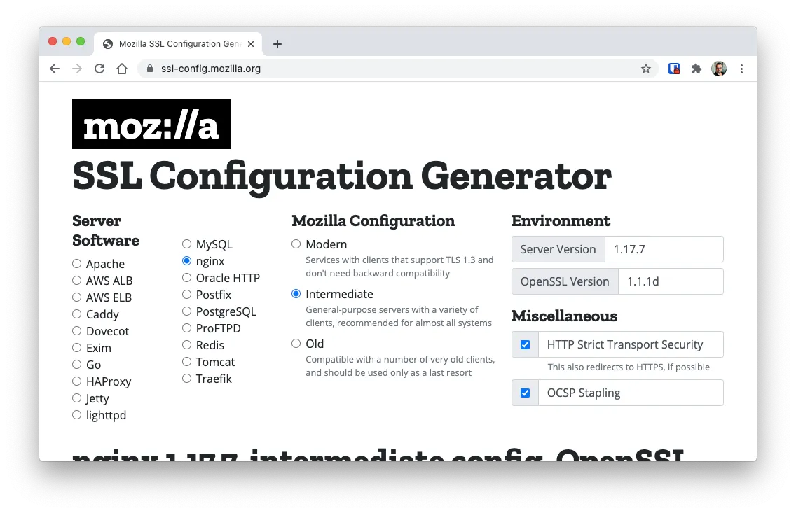 Mozilla SSL Configuration Generator Home Page