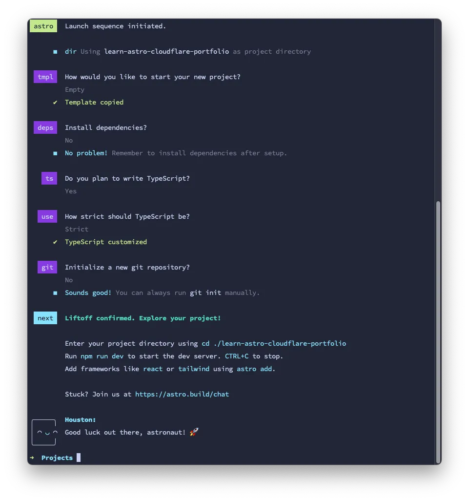 Terminal app running Astro&#x27;s npm create command