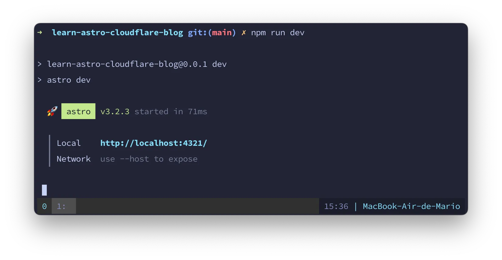 Terminal app running Astro&#x27;s npm run dev