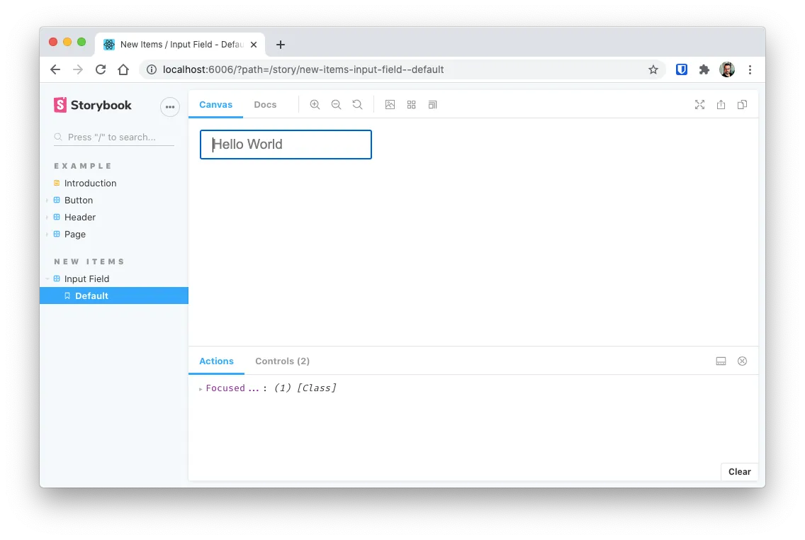 Screenshot of input field in storybook being focused