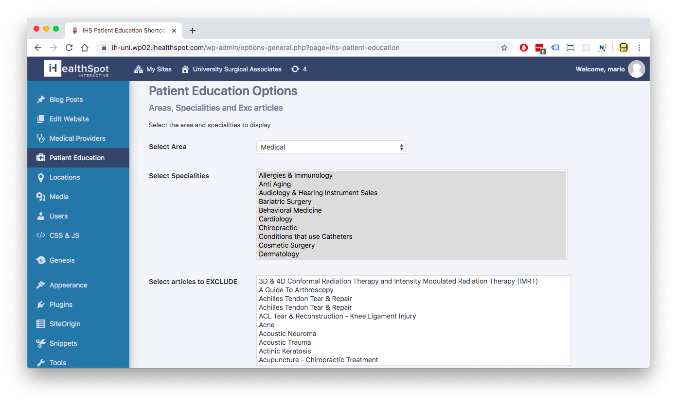 Screenshot for project Patient Education WordPress Plugin