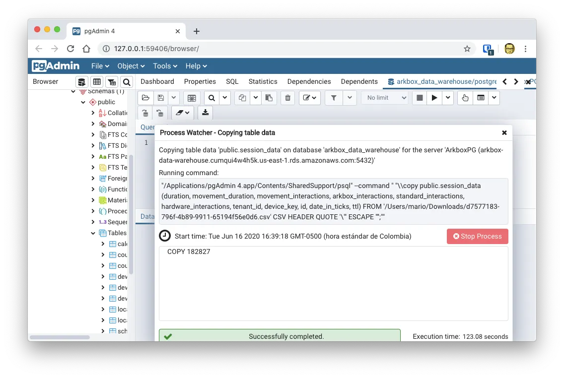 PgAdmin import csv finished