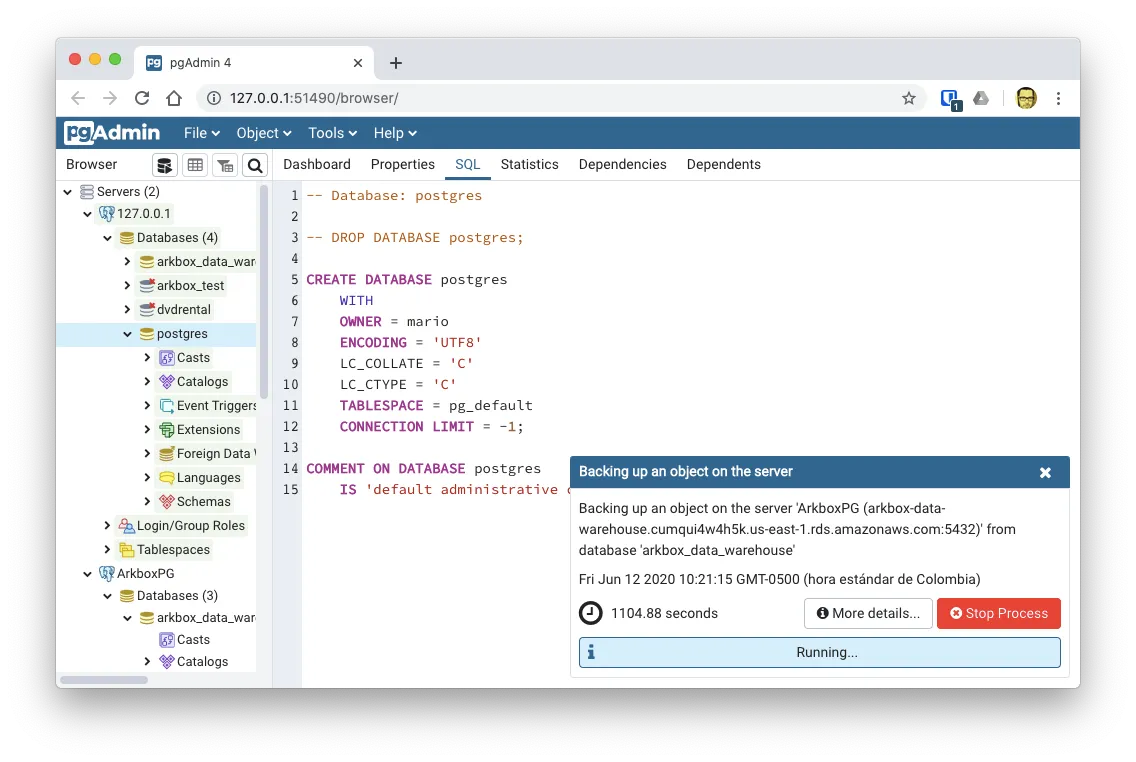 PgAdmin interface