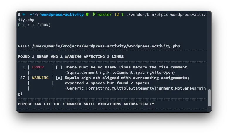 Linting a php file from the terminal