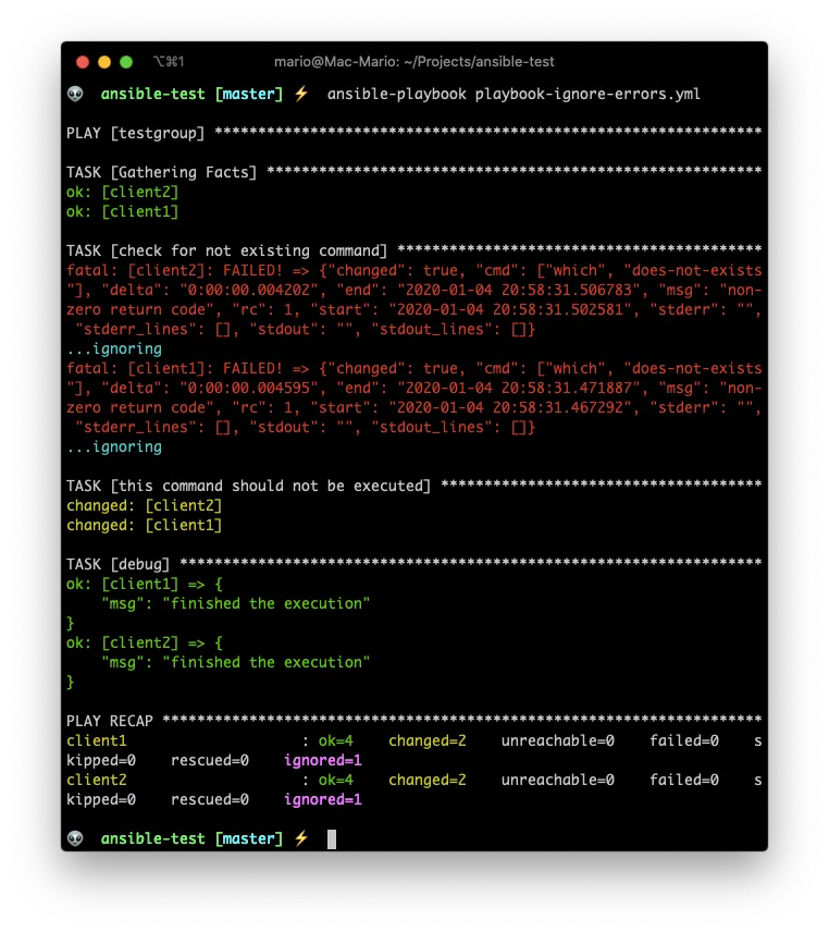Playbook with ignored errors