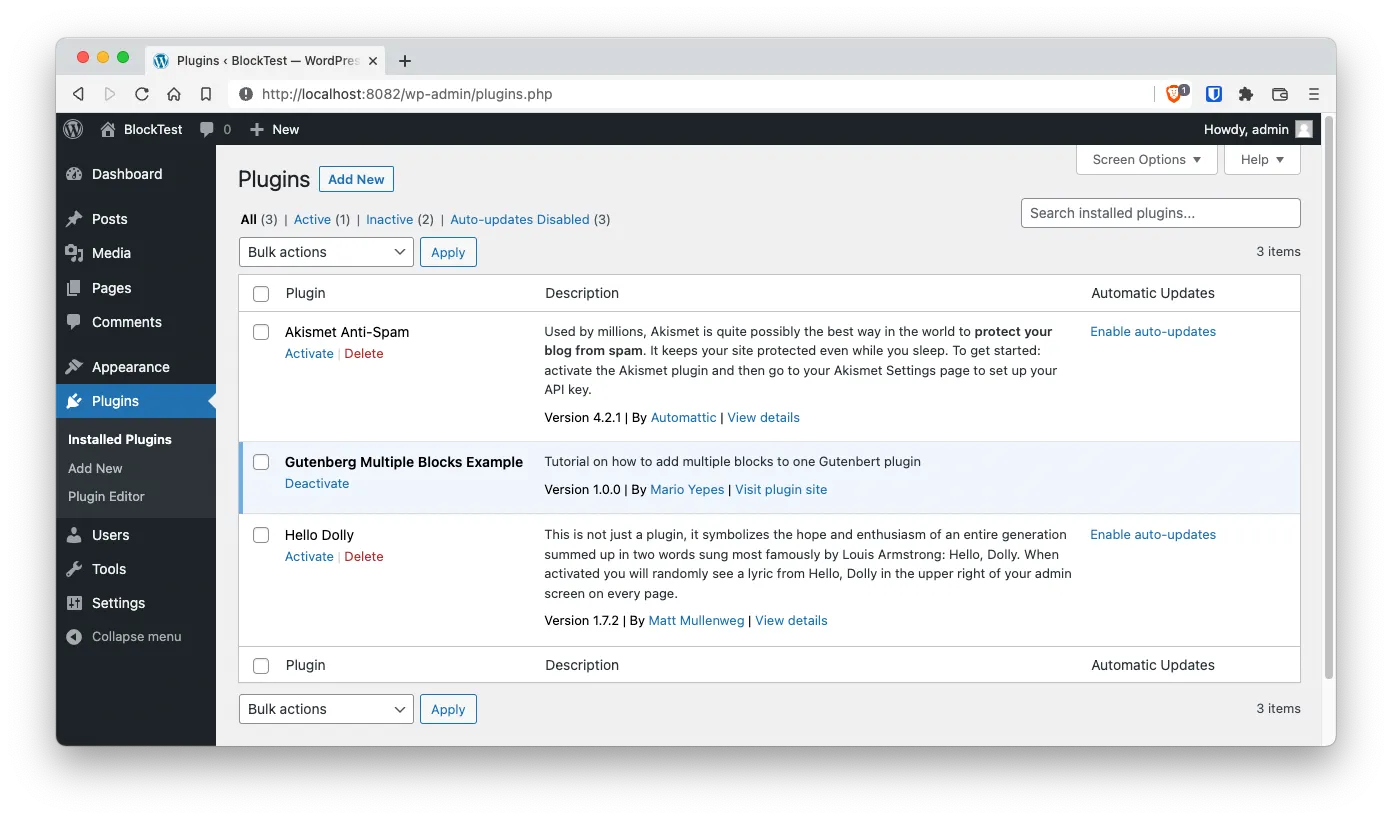 The new plugin in the WordPress plugin dashboard