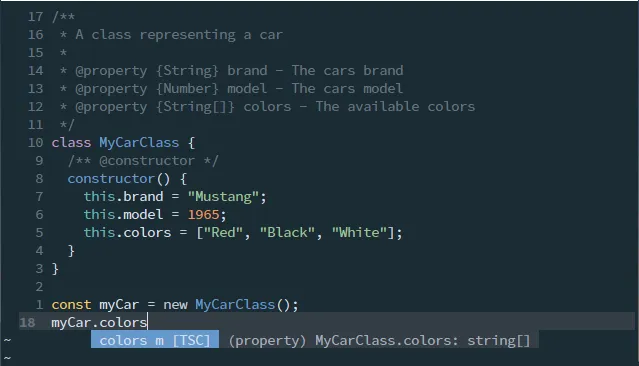 The IDE autcompletes the properties of a class
