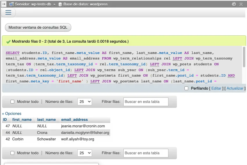 Query results, one student per line