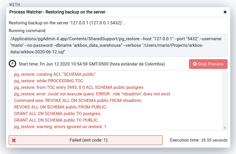 PgAdmin restoration "errors"