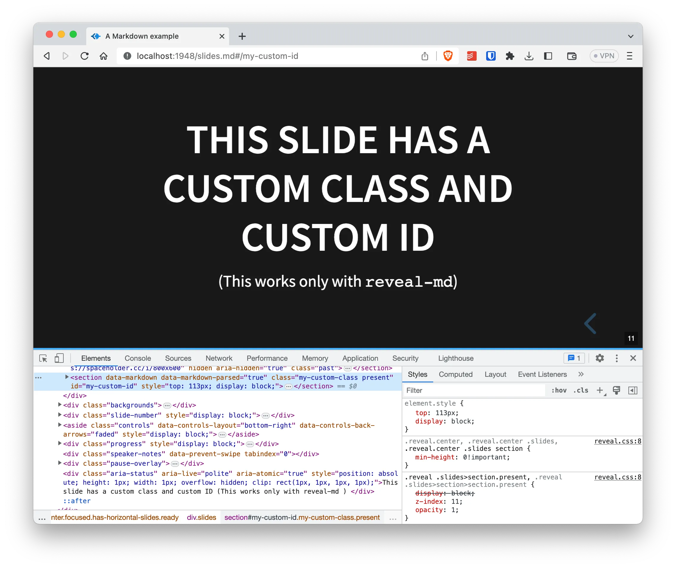 Revealjs slide with custom class and custom id