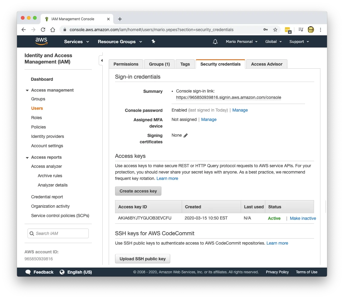 AWS IAM Console - security credentials tab