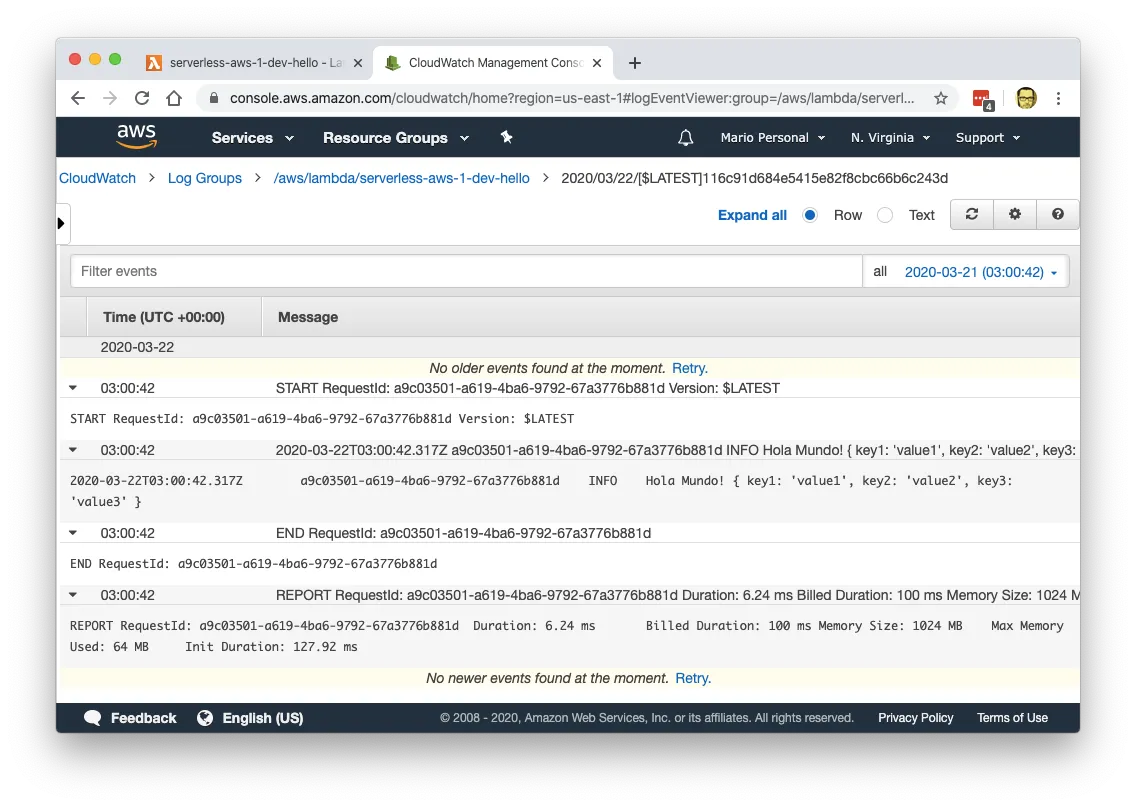 Cloudwatch log contents