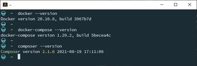 Terminal showing versions of docker, docker-compose and composer