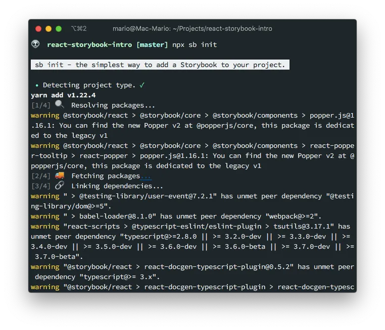 Screenshot of storybook init results