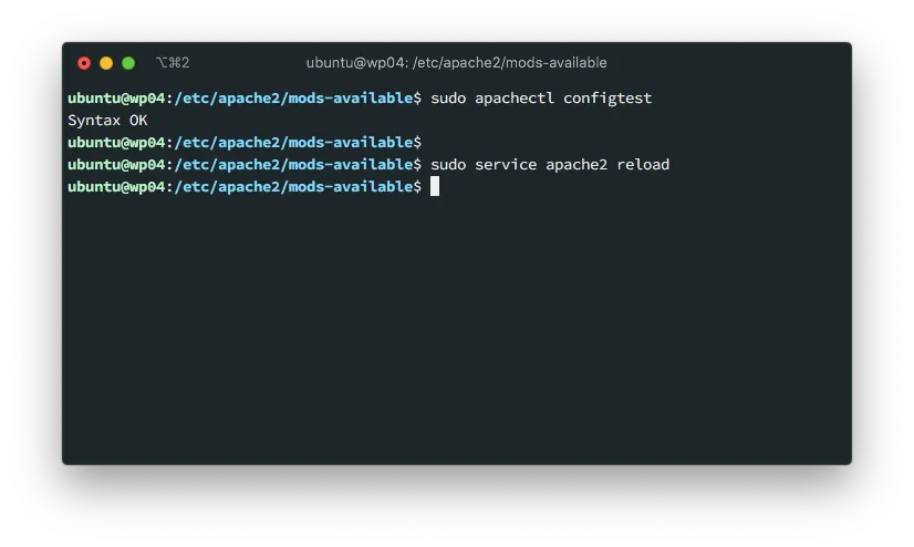 Screenshot of testing and reloading Apache2