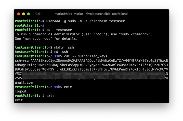 Creating the user testuser and adding the key