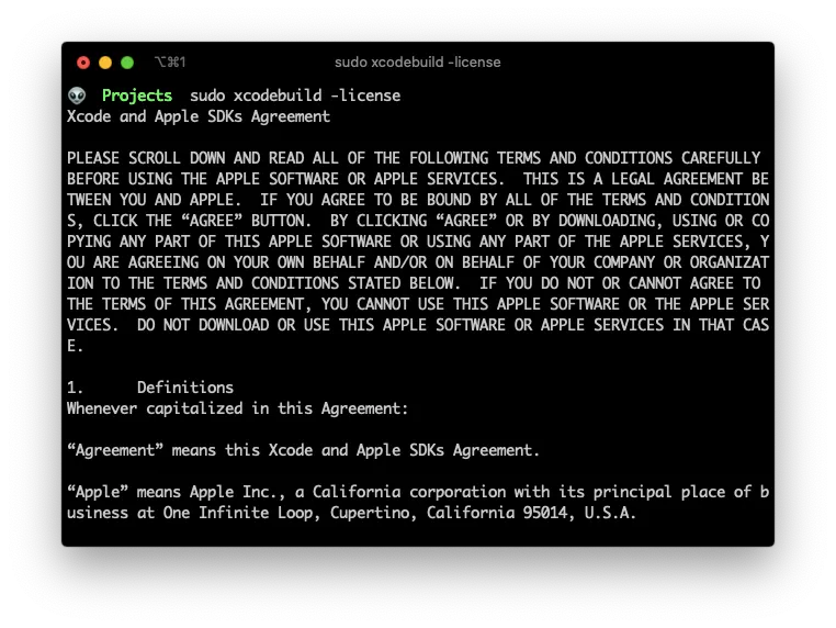 Accepting the Xcode license