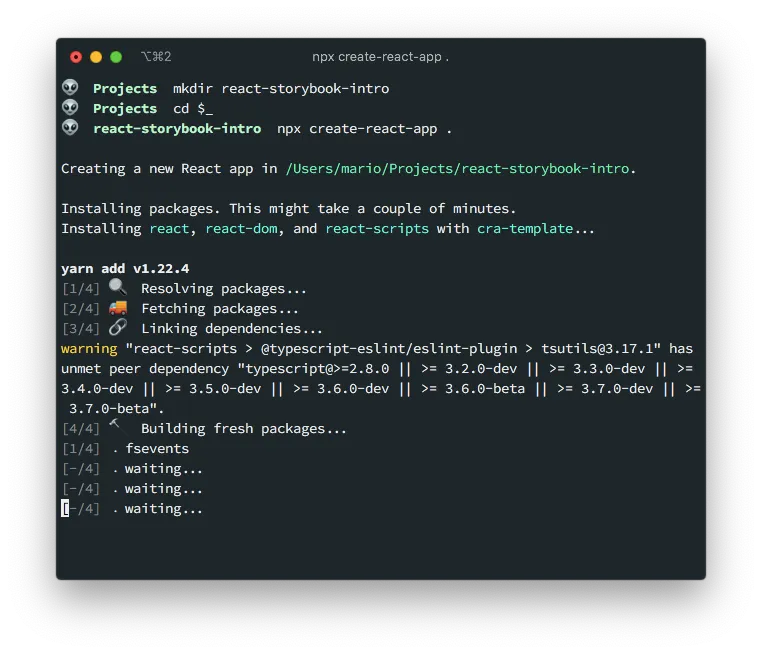 Screenshot of the command yarn create react